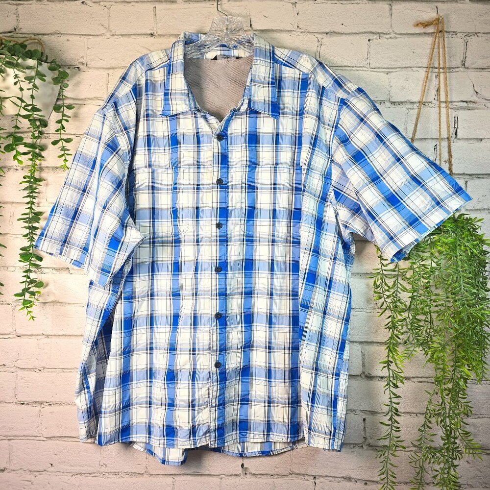 WRANGLER MENS FISHING SHIRT SHORT SLEEVE BLUE WHITE PLAID SIZE 3XL EUC